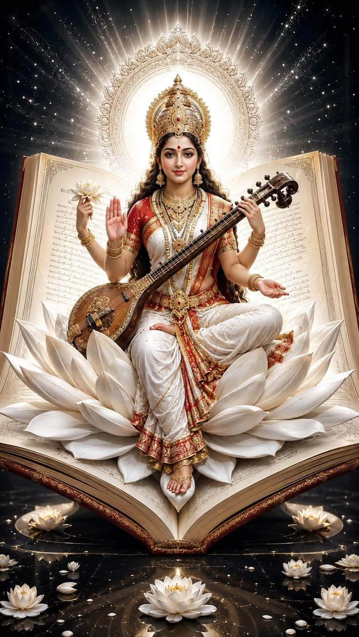 Maa Saraswati Veena Vadini Wisdom Temple Frame (PA-14) - Handcrafted Temple Photo Frame with Acoustic Brass Bells
