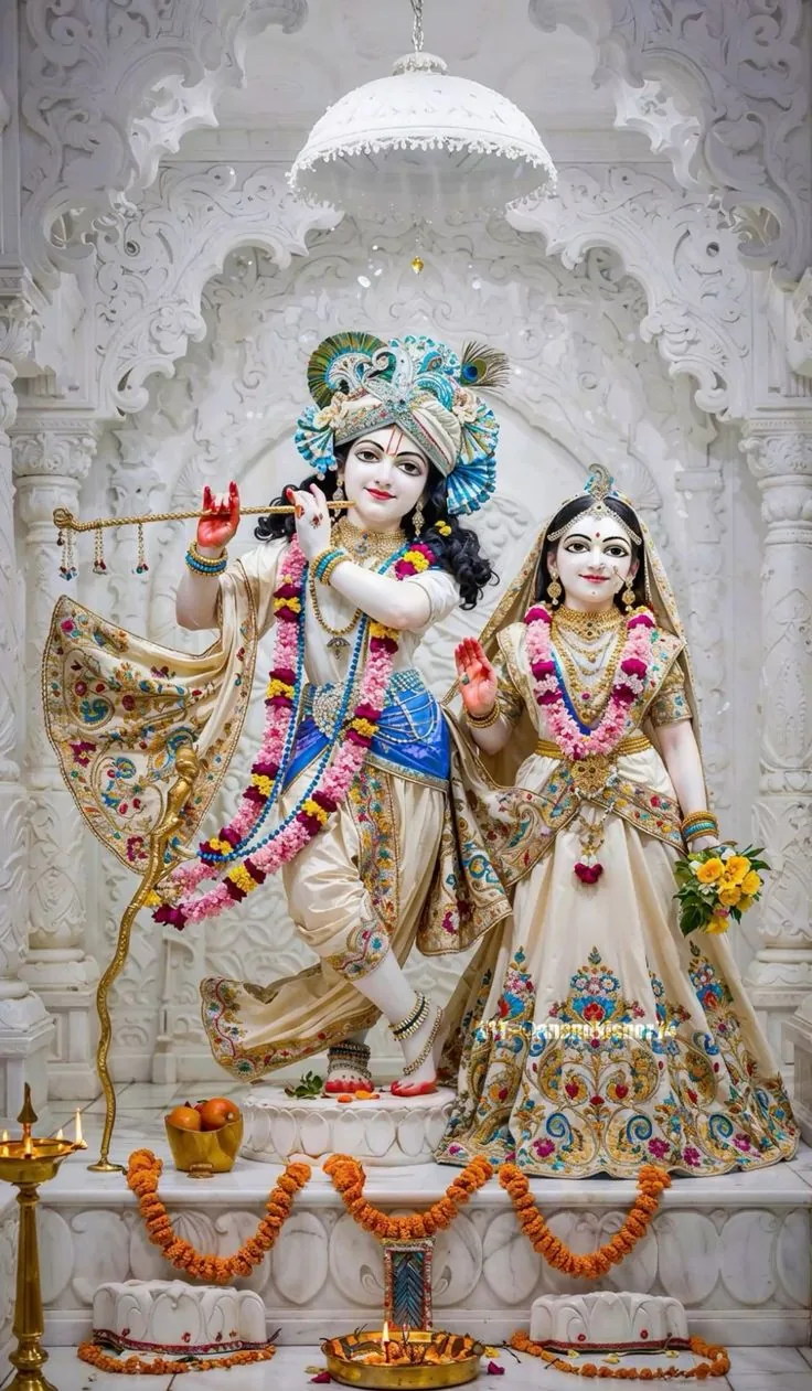 Radha Krishna White Marble Mandir Temple Frame (PA-3) - Handcrafted Temple Photo Frame with Acoustic Brass Bells