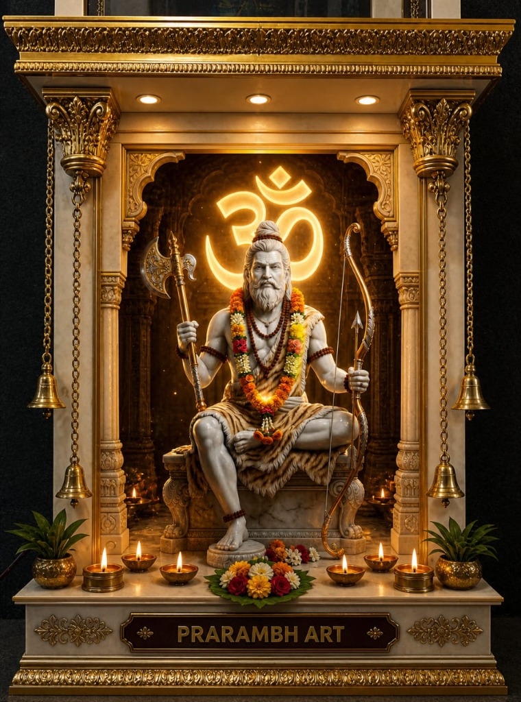 Real Prarambh Art Royal Mandir Sanctum with Carved Gold Pillars
